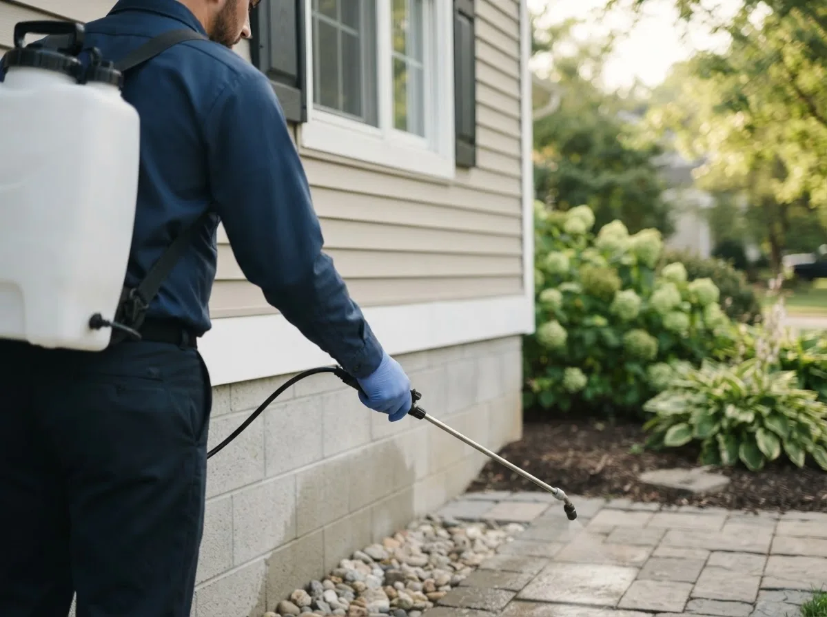 Pest control technician inspecting a home in Island Lake, IL